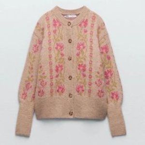 NWT ZARA Belge Pink Floral Jacquard Knit Cardigan Size: Small
